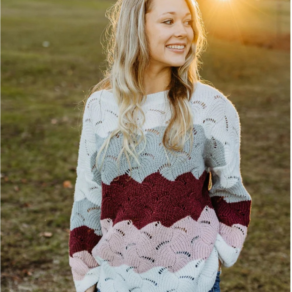 BiBi Textured Knit Sweater in Burgundy, Pink, Gray and White - Picture 3 of 7